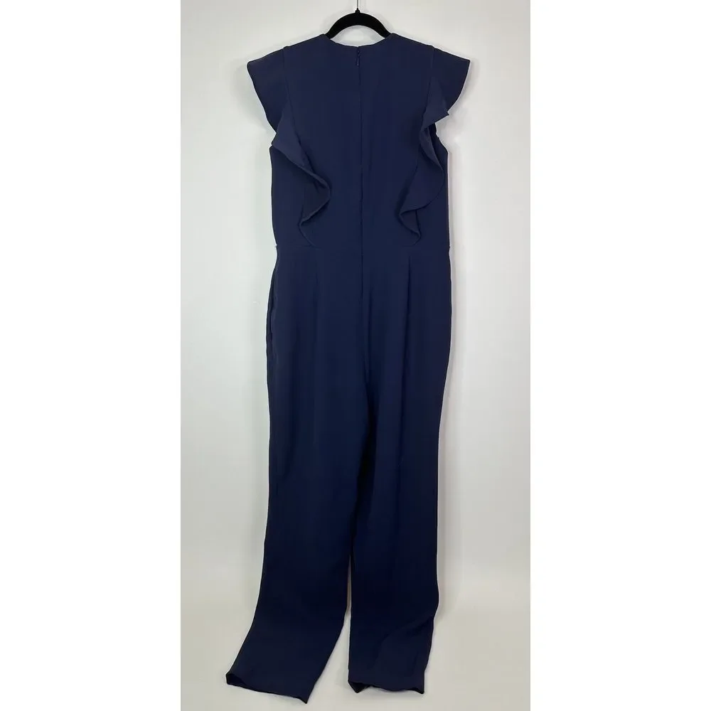Michael Kors Jumpsuit Women's Medium Ruffle Zipper Pockets Business Casual Navy